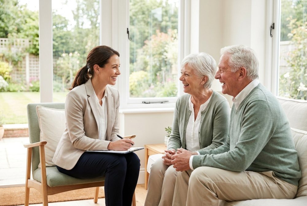Conseillère souriante discutant avec un couple de seniors