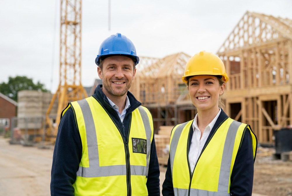 Deux professionnels du bâtiment souriants sur un chantier de construction