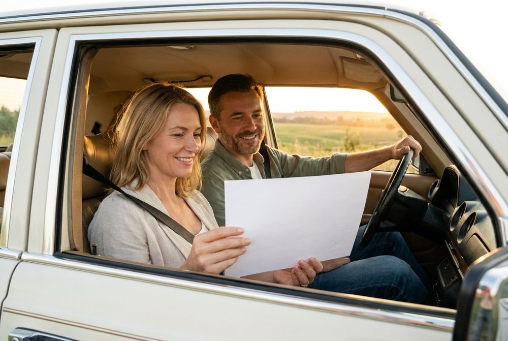 Couple souriant consultant un document dans leur voiture